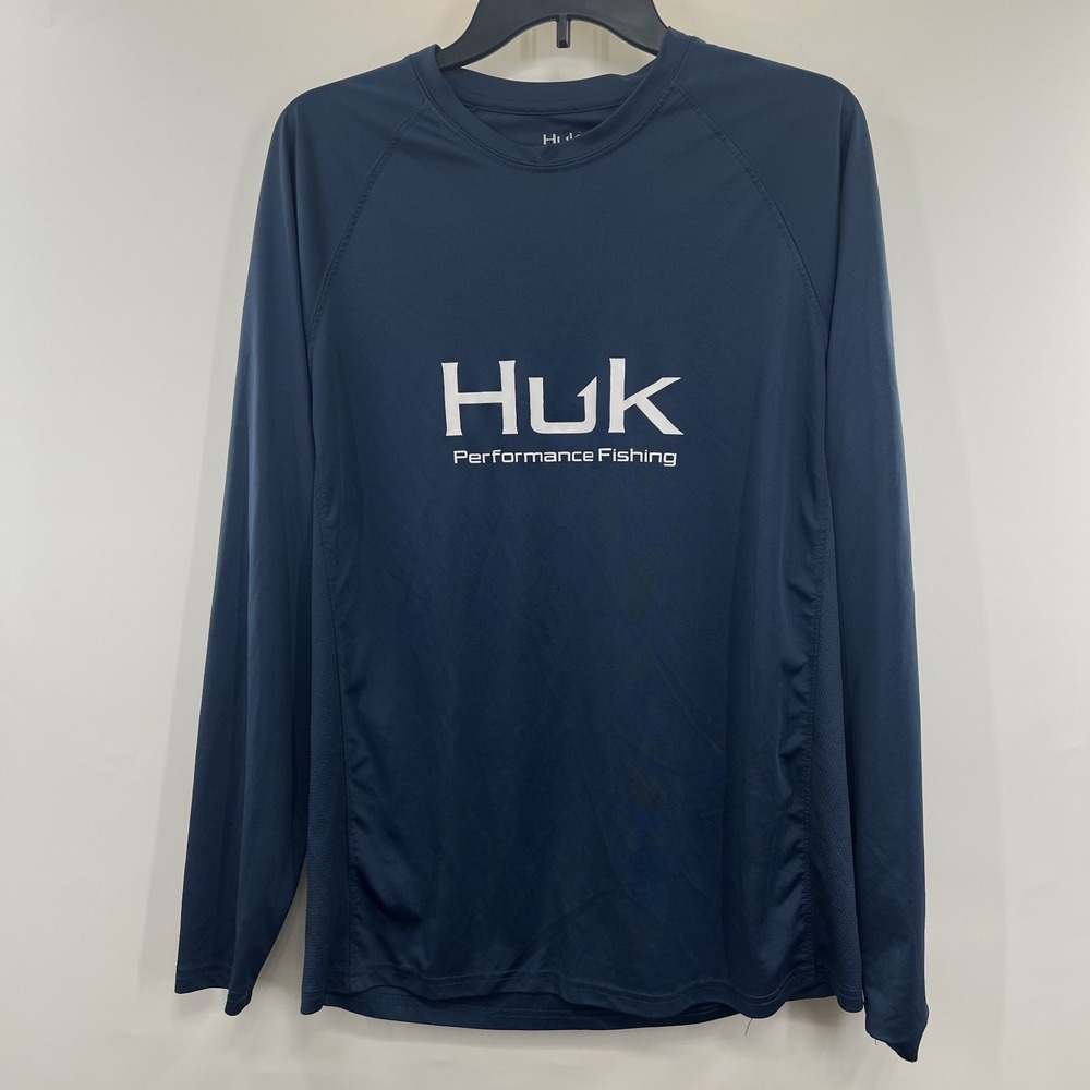 Huk Vented Pursuit Shirt Mens L Performance Fishing Angler Outdoor LS Navy *FLAW